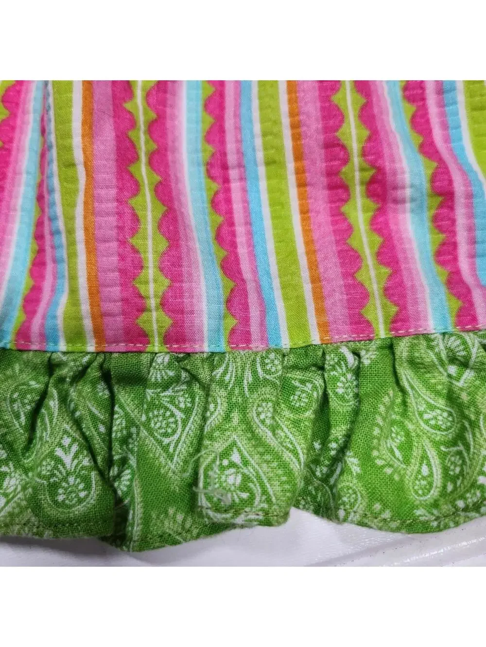 Colorful Handmade Striped Apron with Green Ruffle Trim